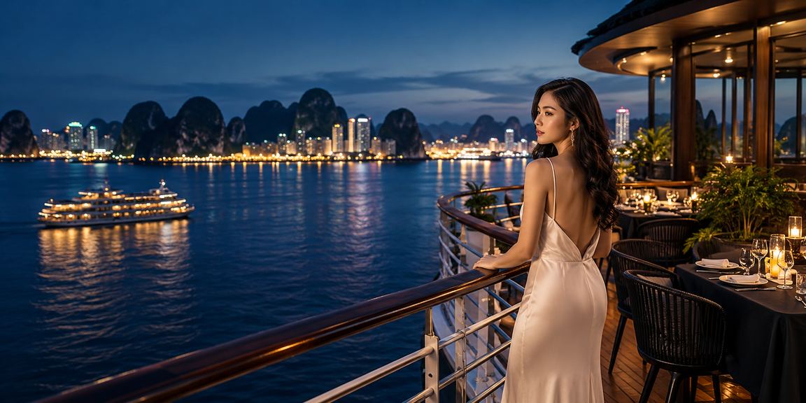 Khung cảnh vịnh Hạ Long buổi sáng, người dùng uống cà phê và theo dõi giao dịch trên điện thoại