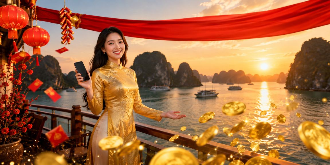 Phong bì đỏ may mắn và trang phục áo dài truyền thống tại Vịnh Hạ Long trong dịp lễ thưởng