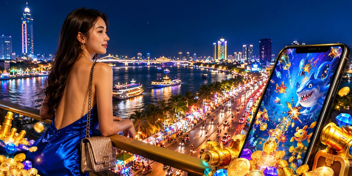 Người chơi bắn cá dưới ánh đèn neon tại vùng sông nước Mekong buổi tối